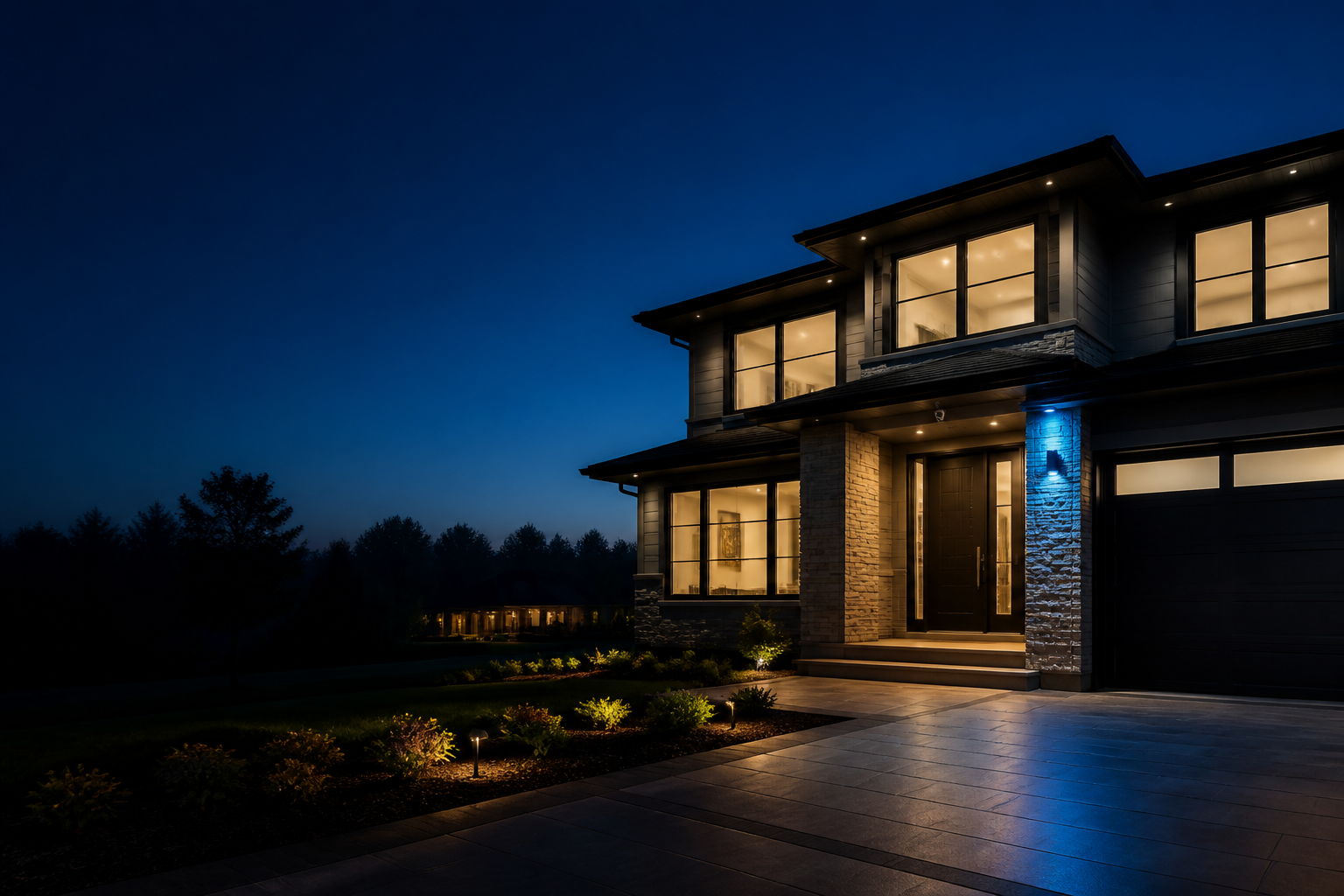 eufy security camera watching over a modern home exterior at dusk